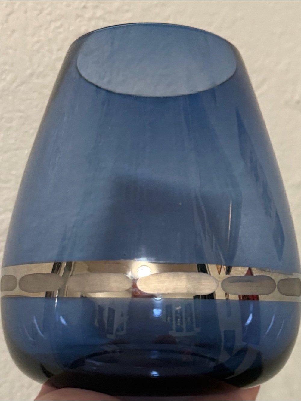 Rare find Blue Glass with Silver Band drink mixer, or use it as a vase!